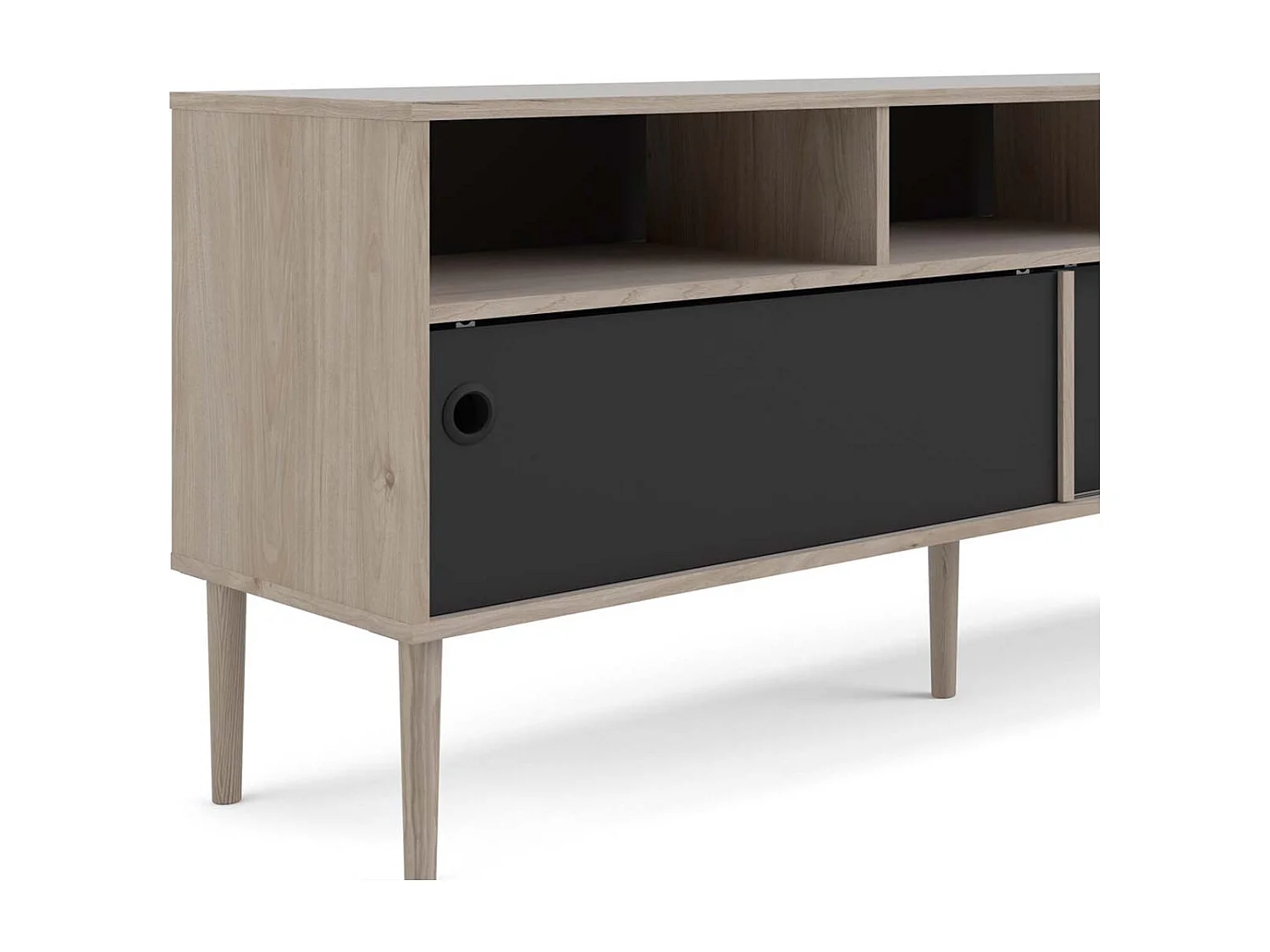 Penny TV Tisch 2 Schiebetüren und 3 Fächer Hickory-Dekor und matt schwarz.