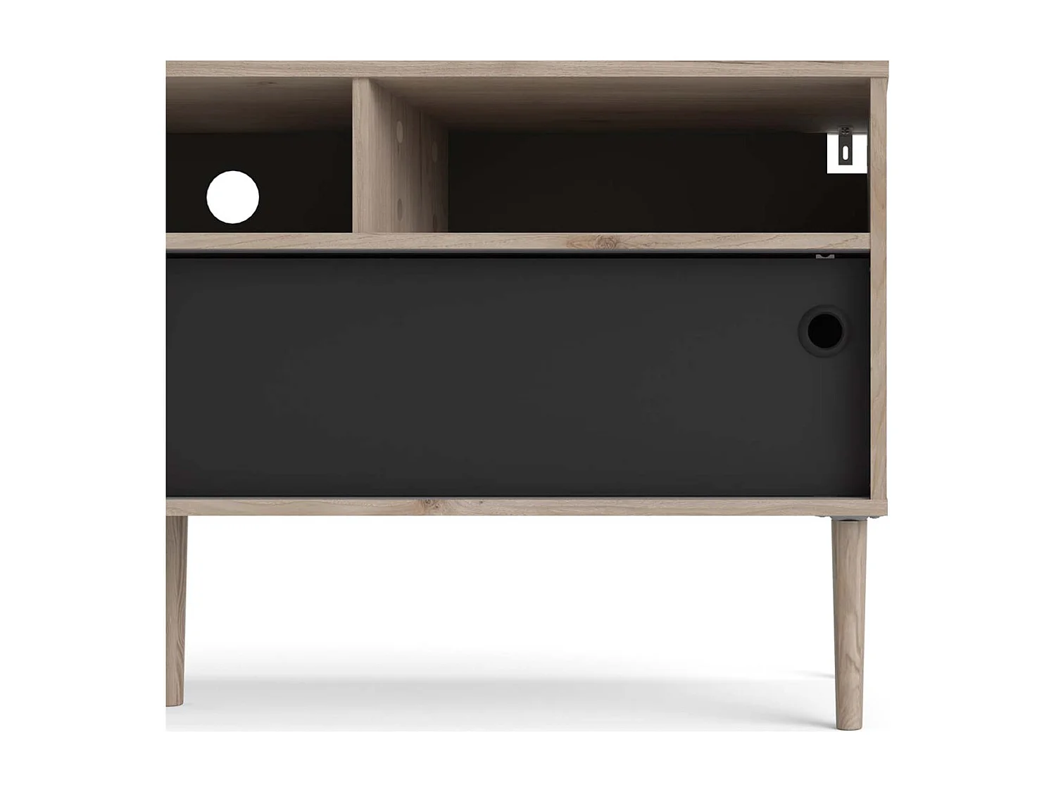 Penny TV Tisch 2 Schiebetüren und 3 Fächer Hickory-Dekor und matt schwarz.