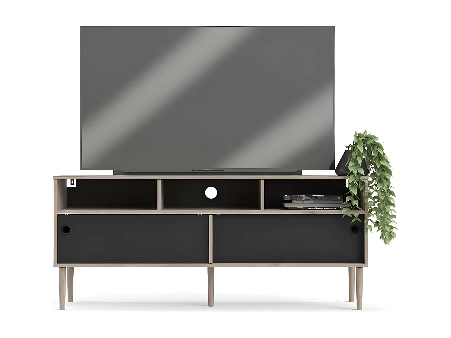 Penny TV Tisch 2 Schiebetüren und 3 Fächer Hickory-Dekor und matt schwarz.