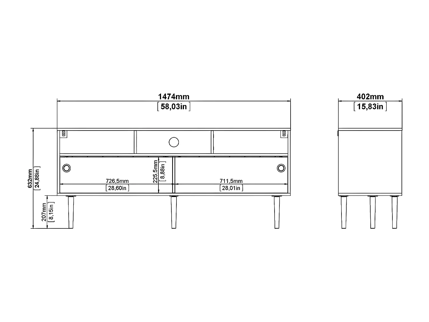 Penny TV Tisch 2 Schiebetüren und 3 Fächer Hickory-Dekor und matt schwarz.
