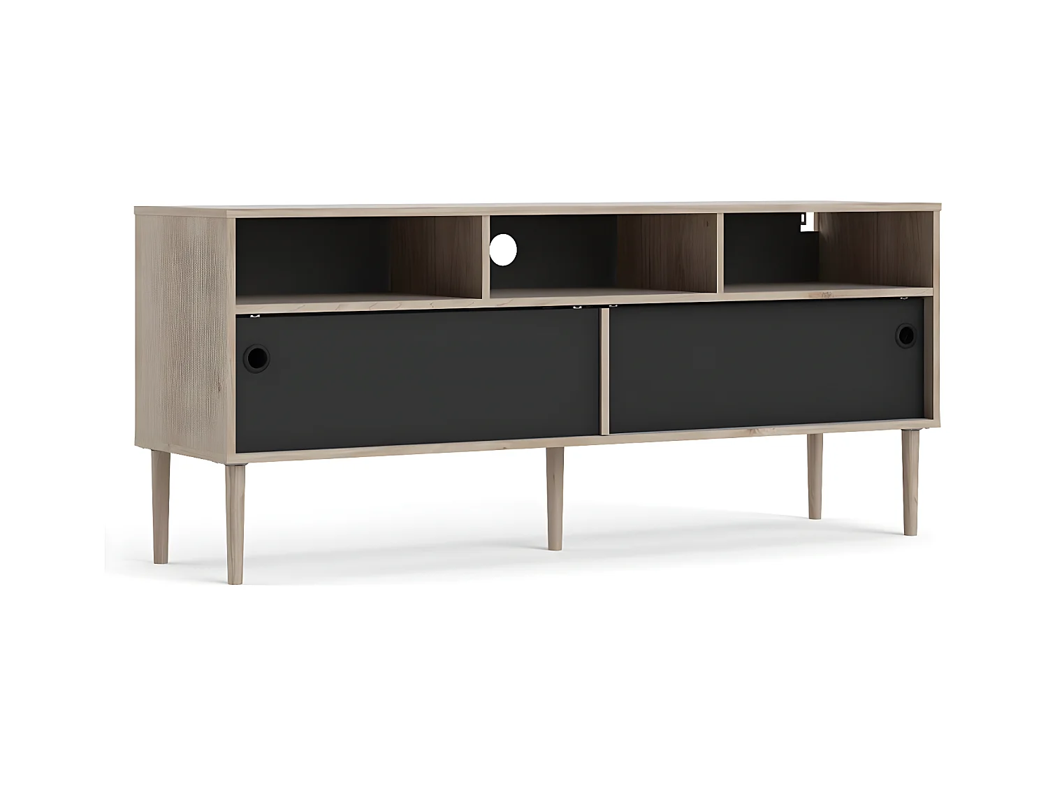 Penny TV-meubel 2 schuifdeuren en 3 vakken Hickory decor en mat zwart.