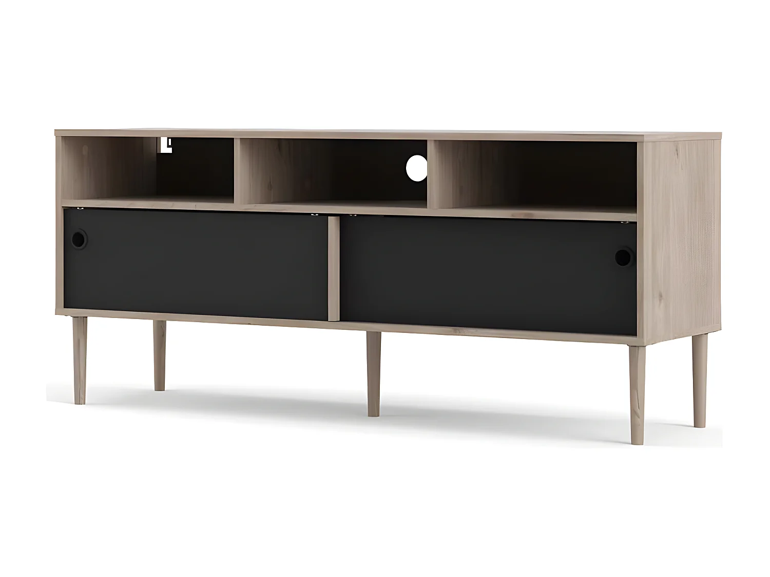 Penny Meuble TV, 2 portes coulissantes et 3 compartiments, imitation chêne Hickory, noir mat.