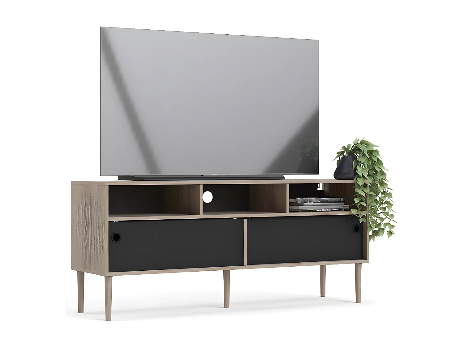 Penny Meuble TV, 2 portes coulissantes et 3 compartiments, imitation chêne Hickory, noir mat.