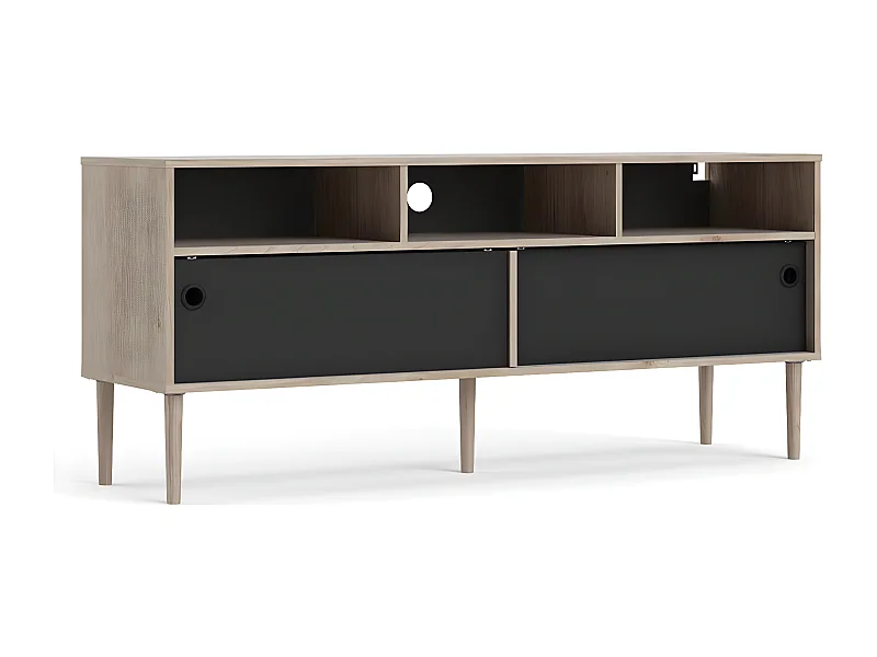 Penny Meuble TV, 2 portes coulissantes et 3 compartiments, imitation chêne Hickory, noir mat.