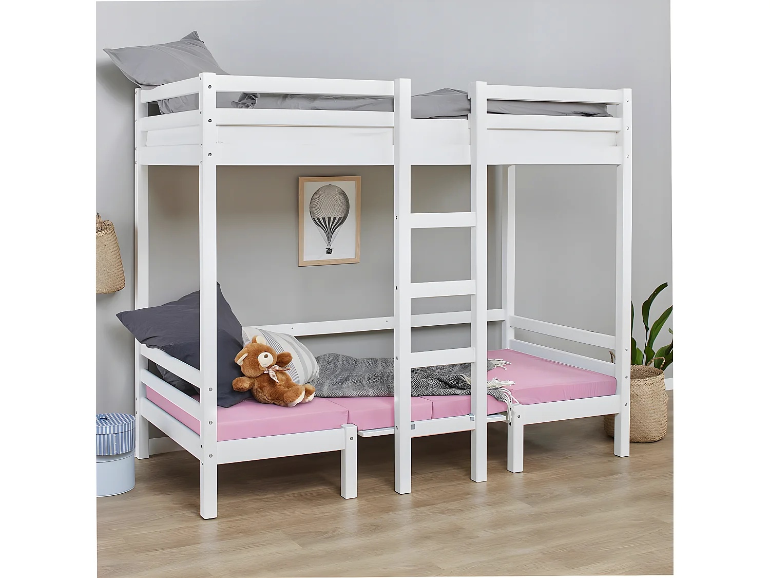 BasicJumbo Lit mezzanine avec canapé rose, bureau et sommiers à lattes inclus.