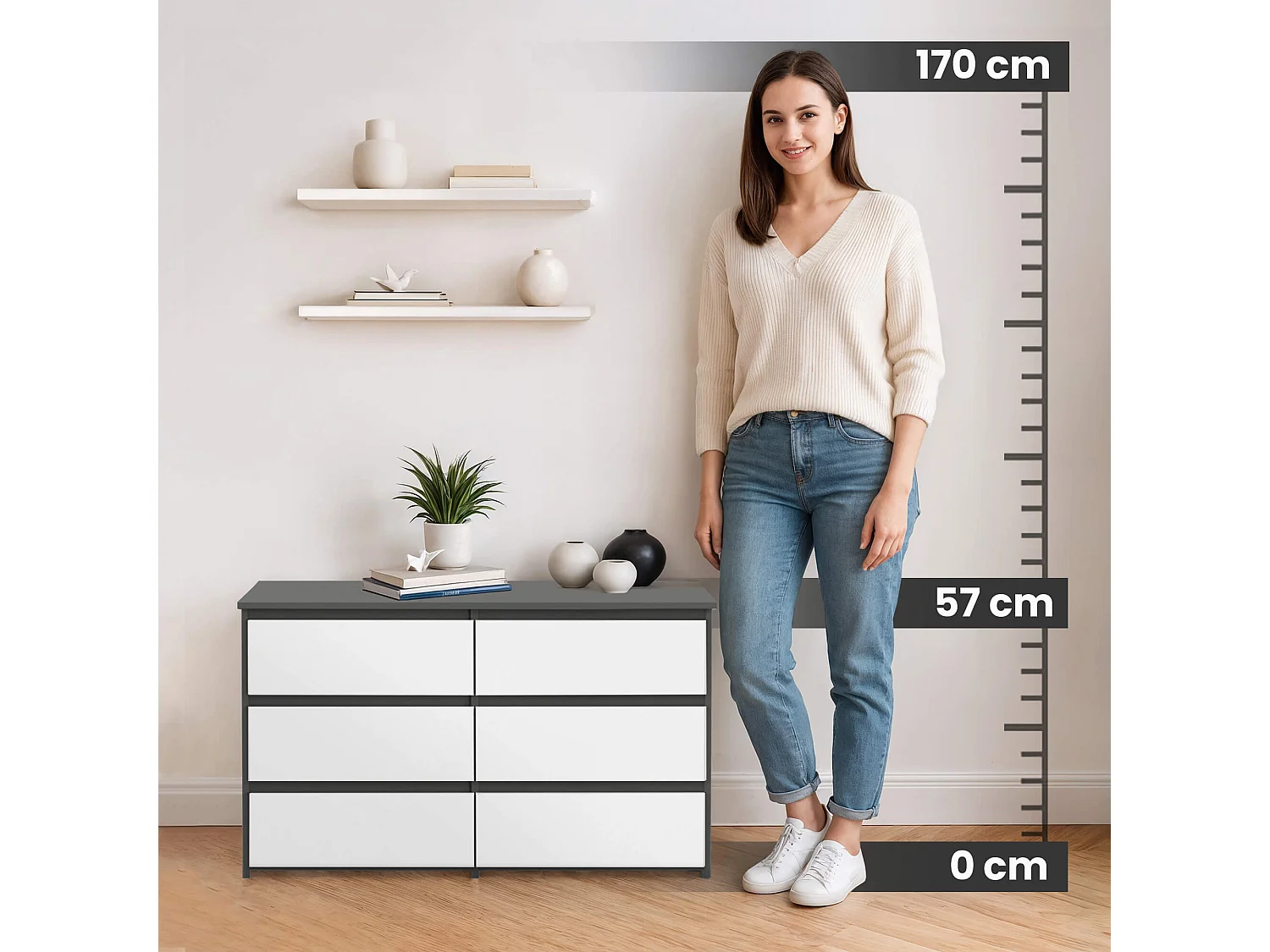 Kommode AKORD CL100 Graphitgrau 100 cm 6 Schubladen Front Weiß B100 x H57 x T35 cm