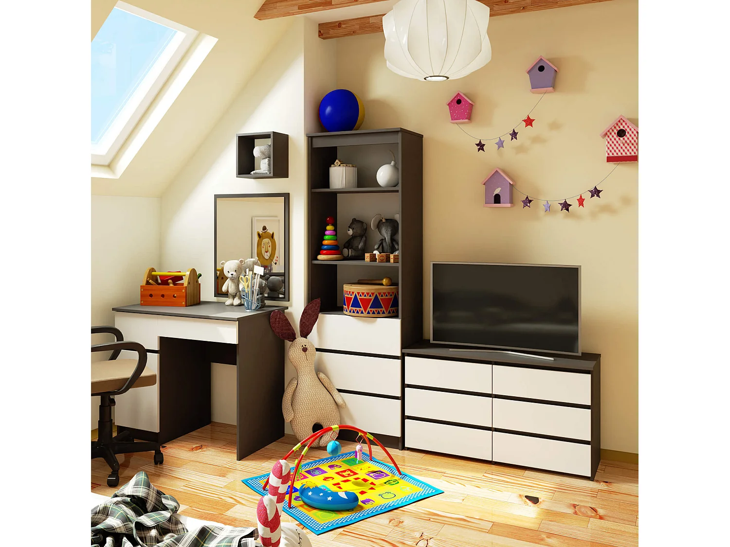 Kommode AKORD CL100 Graphitgrau 100 cm 6 Schubladen Front Weiß B100 x H57 x T35 cm