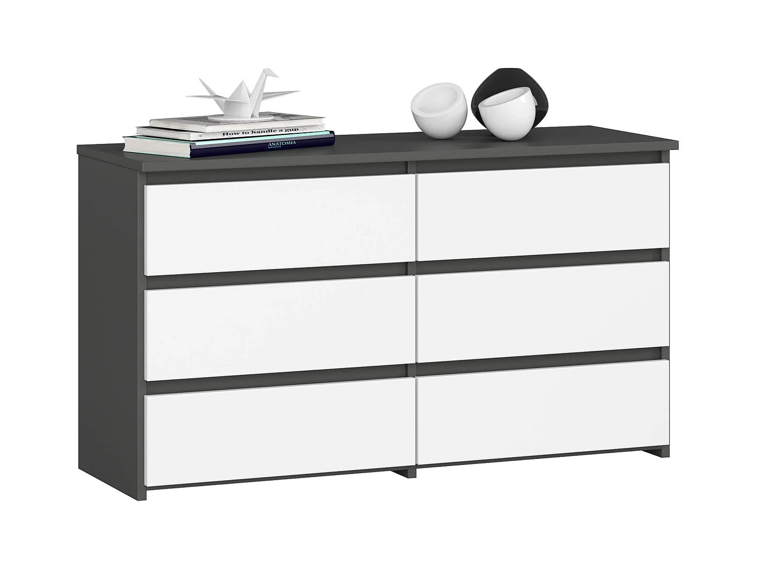 Petite Commode AKORD CL100 Gris Graphite 100 cm 6 tiroirs façade Blanche 100x35x57 cm