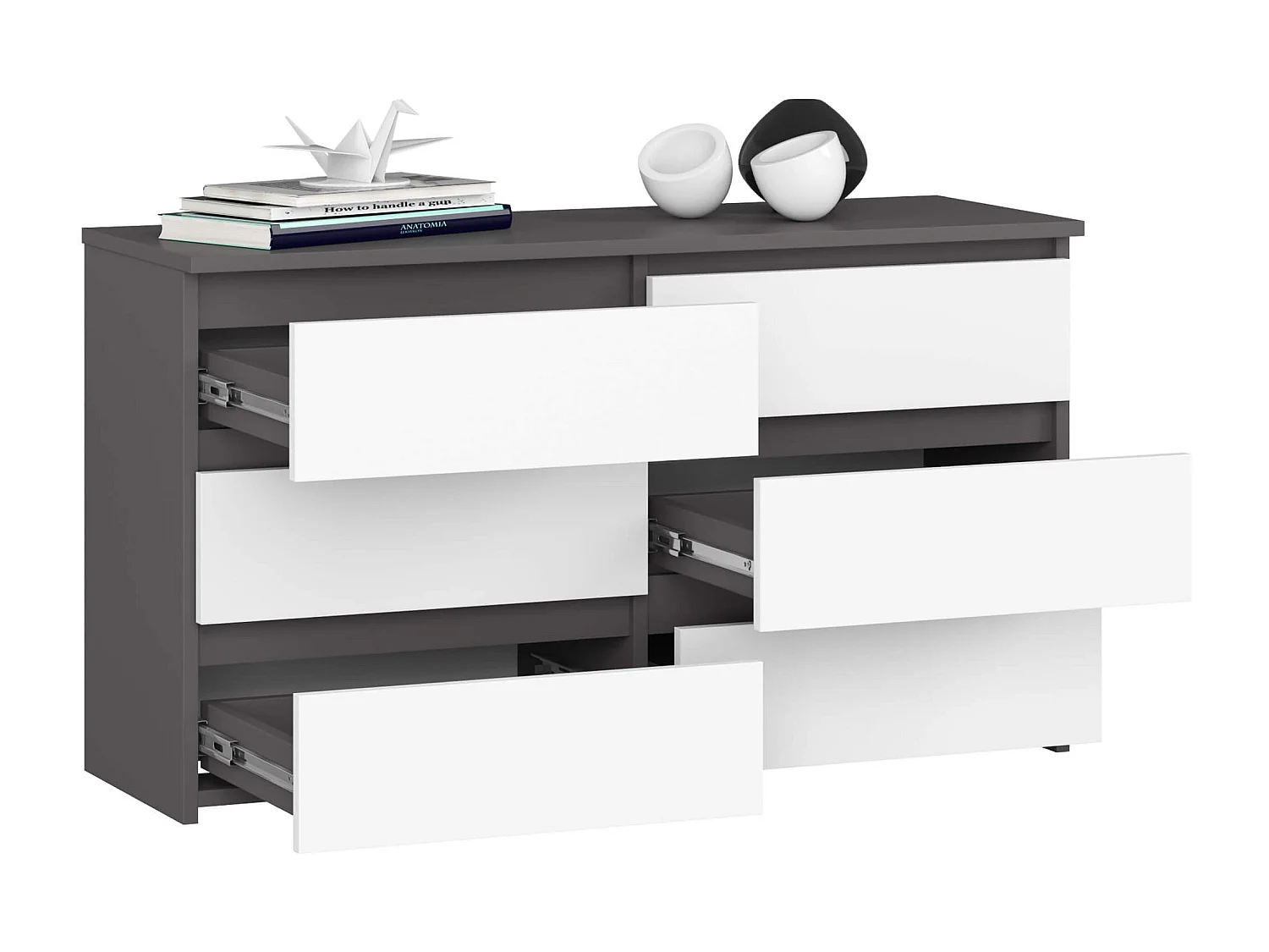 Petite Commode AKORD CL100 Gris Graphite 100 cm 6 tiroirs façade Blanche 100x35x57 cm