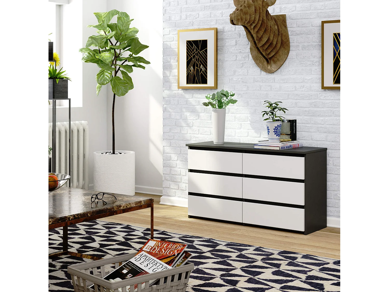 Petite Commode AKORD CL100 Gris Graphite 100 cm 6 tiroirs façade Blanche 100x35x57 cm