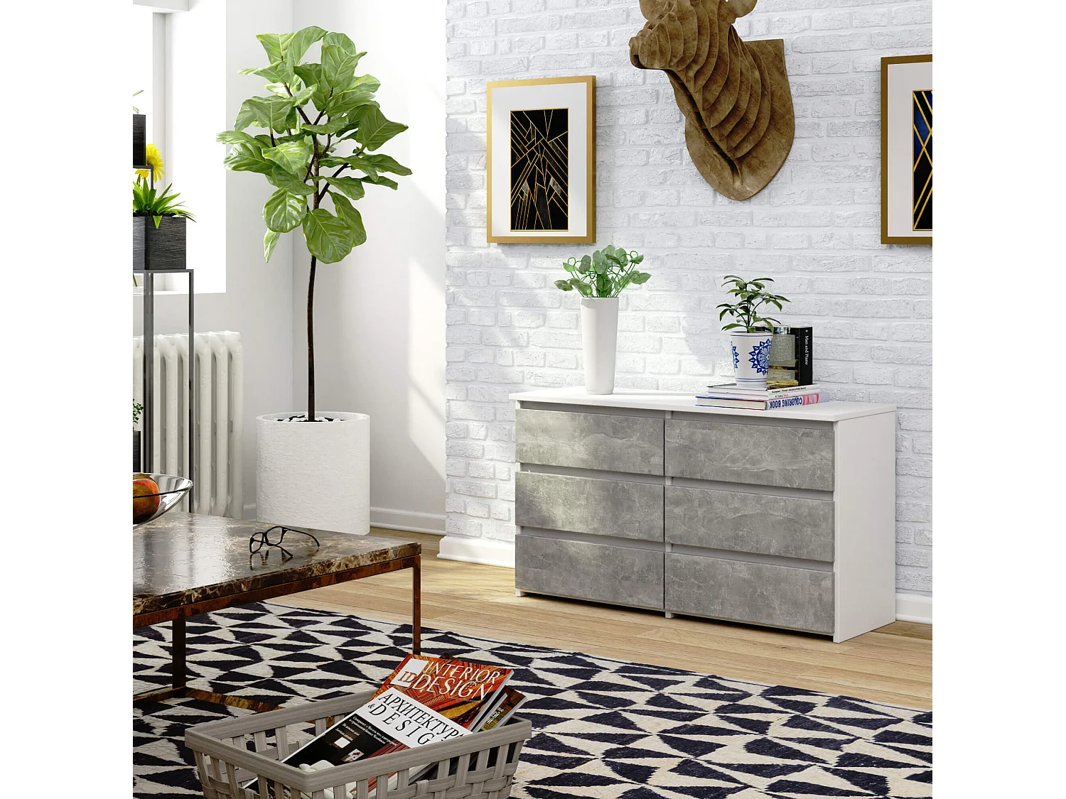 Kommode AKORD CL100 Weiß 100 cm 6 Schubladen Front Beton B100 x H57 x T35 cm