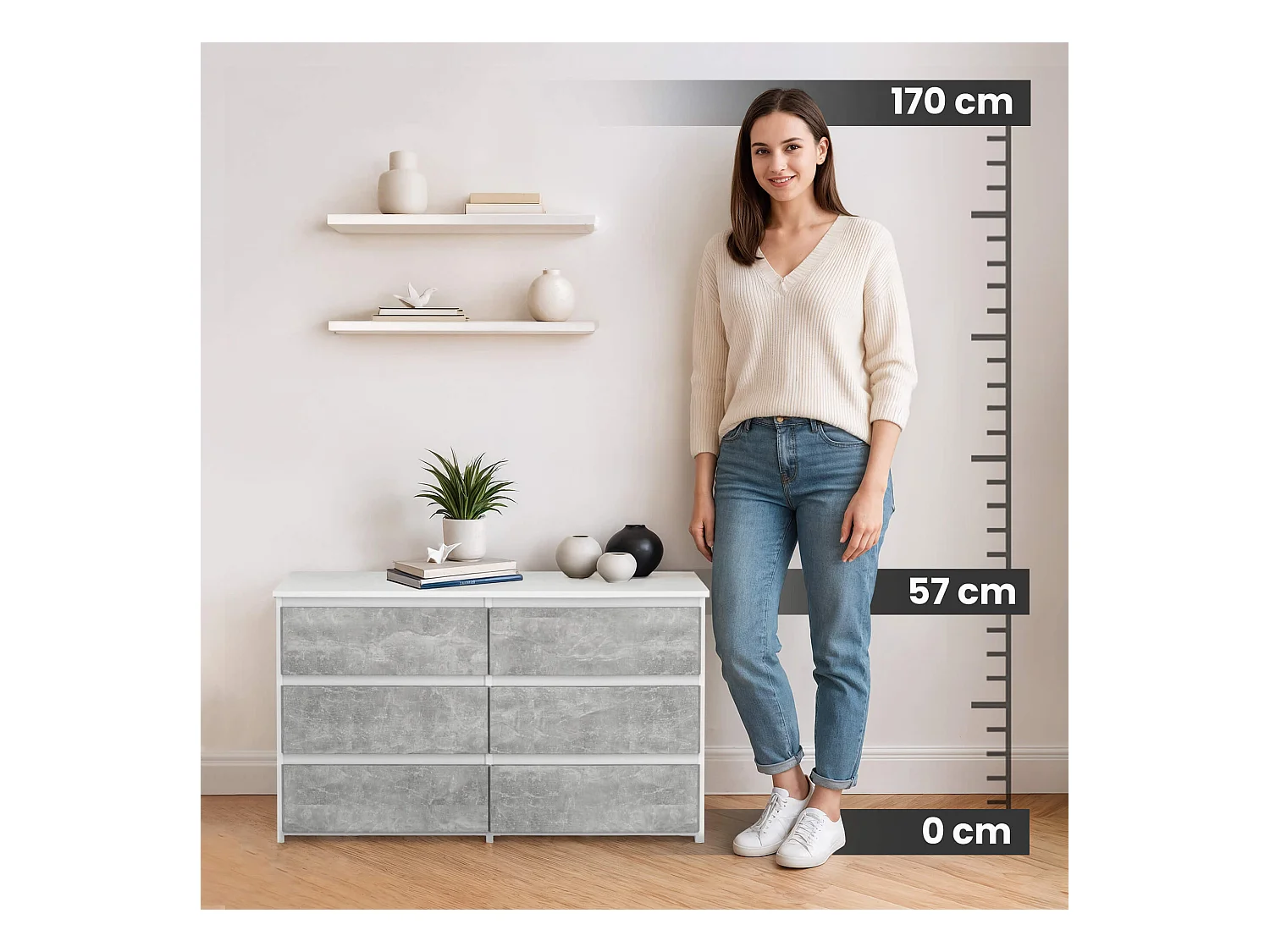 Witte|Beton Dressoir met 6 Lades - Zelfmontage - 100x57x35cm - Mat Afwerking