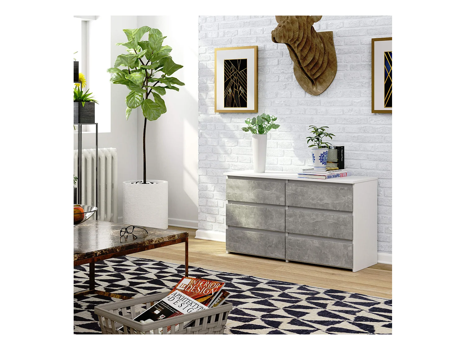 Witte|Beton Dressoir met 6 Lades - Zelfmontage - 100x57x35cm - Mat Afwerking