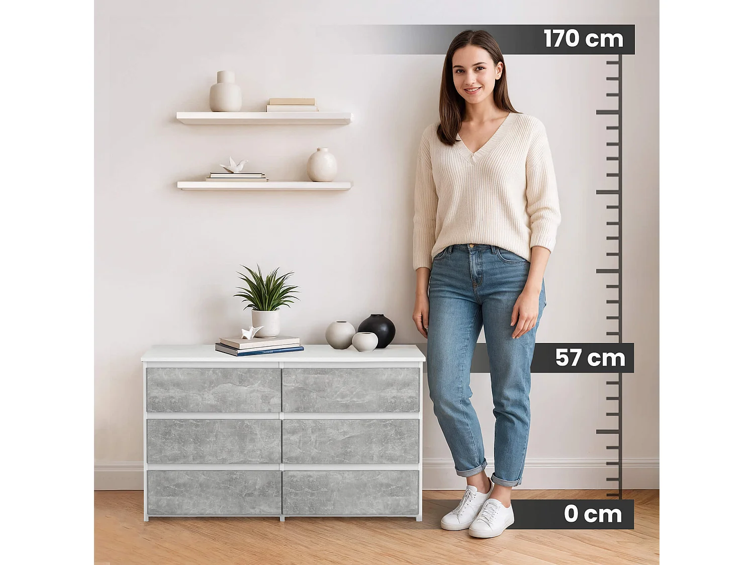 Petite Commode AKORD CL100 Blanche 100 cm 6 tiroirs façade Béton 100x35x57 cm