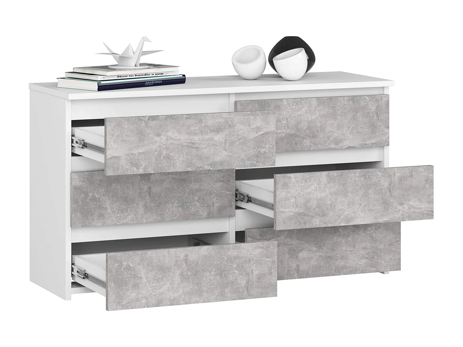 Petite Commode AKORD CL100 Blanche 100 cm 6 tiroirs façade Béton 100x35x57 cm