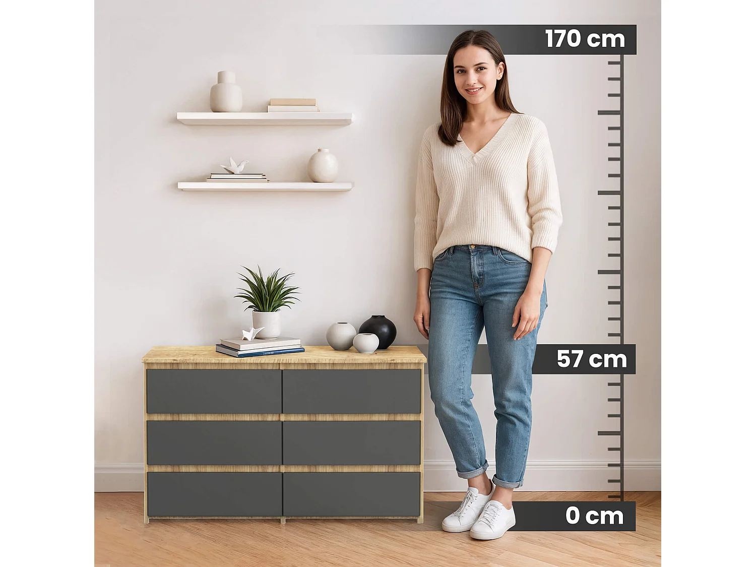 Kommode AKORD CL100 Eiche Artisan 100 cm 6 Schubladen Front Graphitgrau B100 x H57 x T35 cm