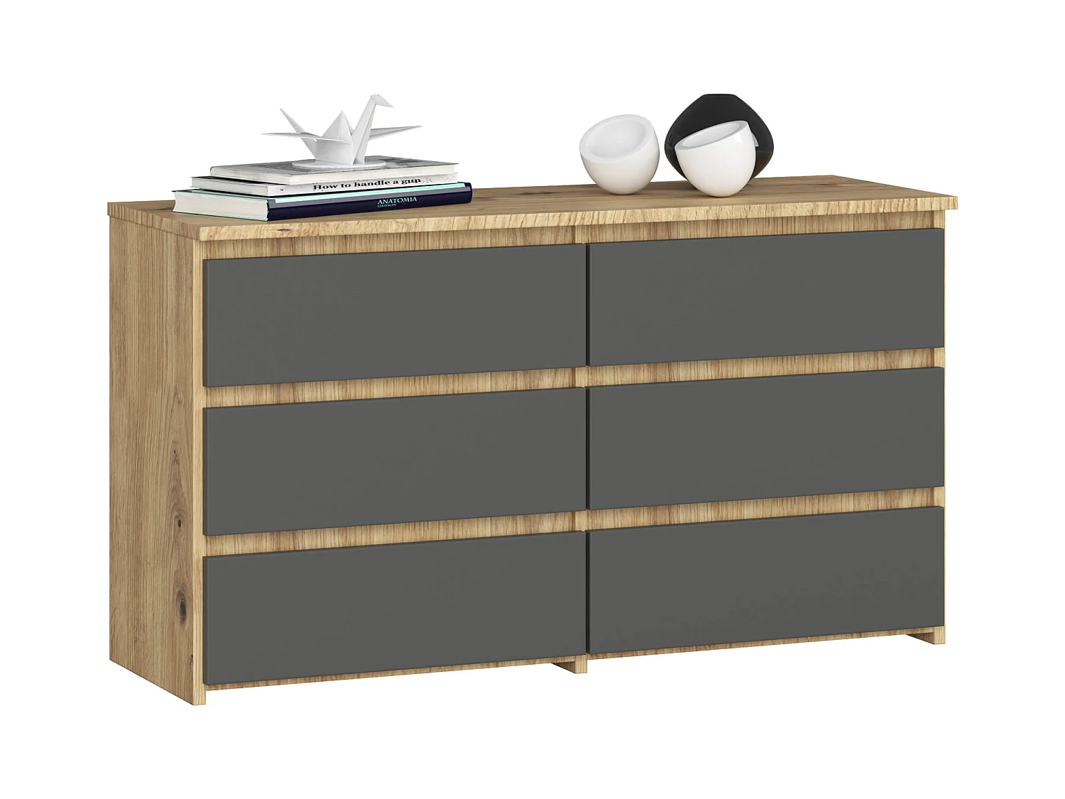 Petite Commode AKORD CL100 Chêne Artisan 100 cm 6 tiroirs façade Gris Graphite 100x35x57 cm