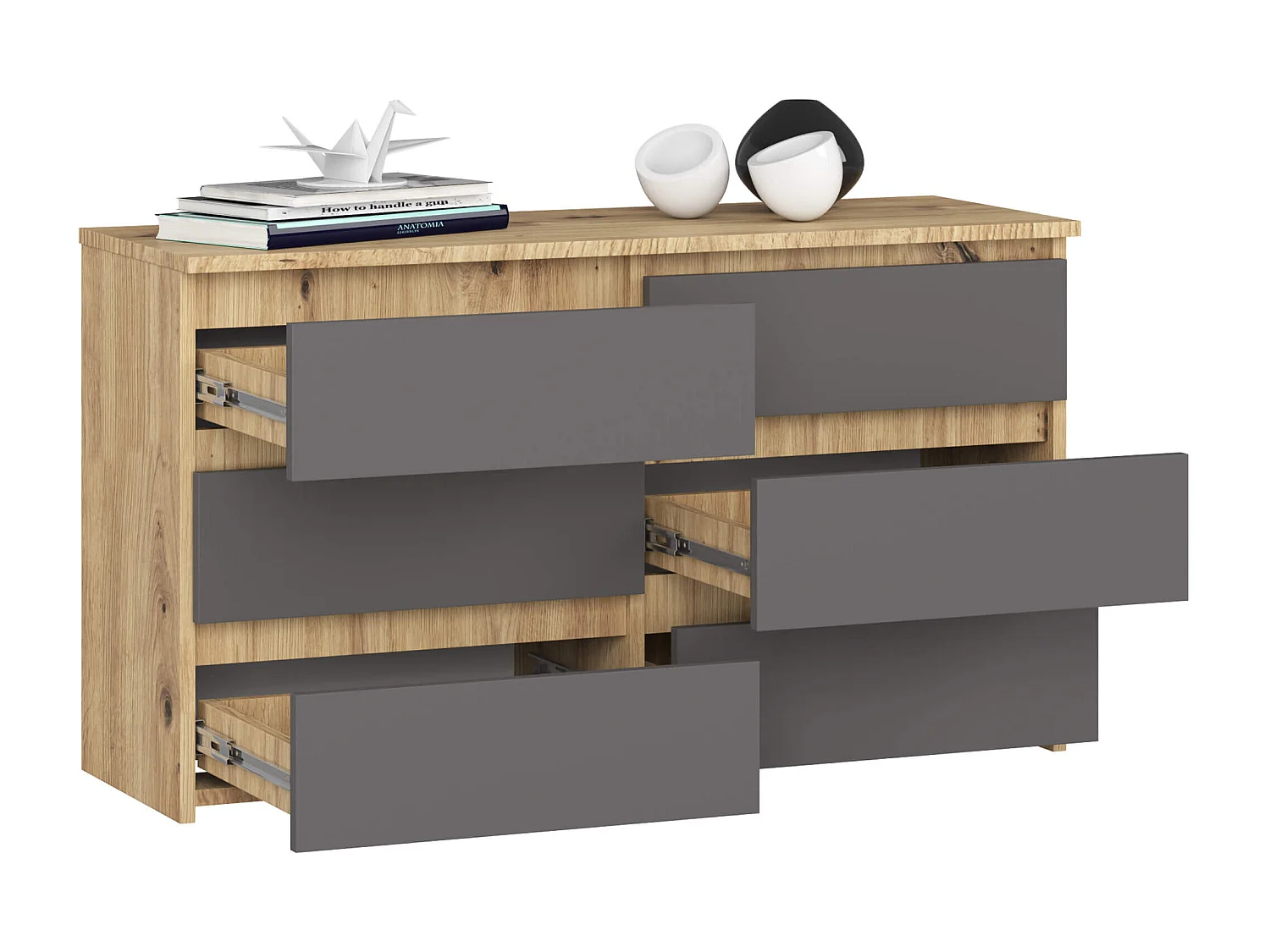 Petite Commode AKORD CL100 Chêne Artisan 100 cm 6 tiroirs façade Gris Graphite 100x35x57 cm