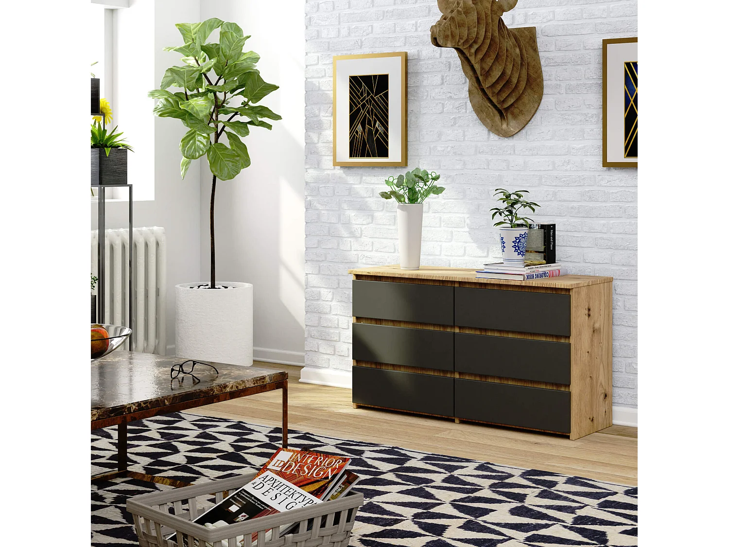 Petite Commode AKORD CL100 Chêne Artisan 100 cm 6 tiroirs façade Gris Graphite 100x35x57 cm