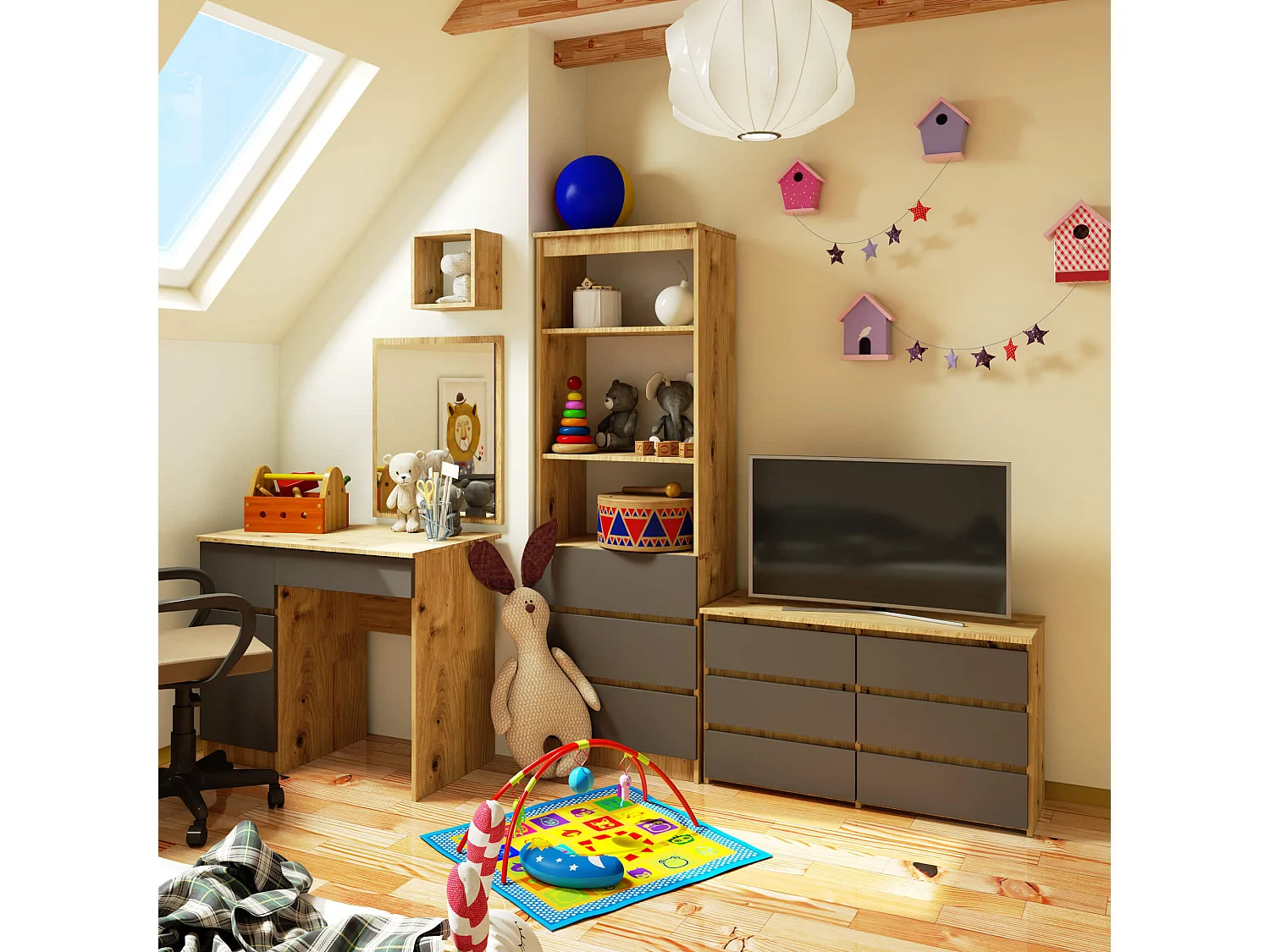 Petite Commode AKORD CL100 Chêne Artisan 100 cm 6 tiroirs façade Gris Graphite 100x35x57 cm