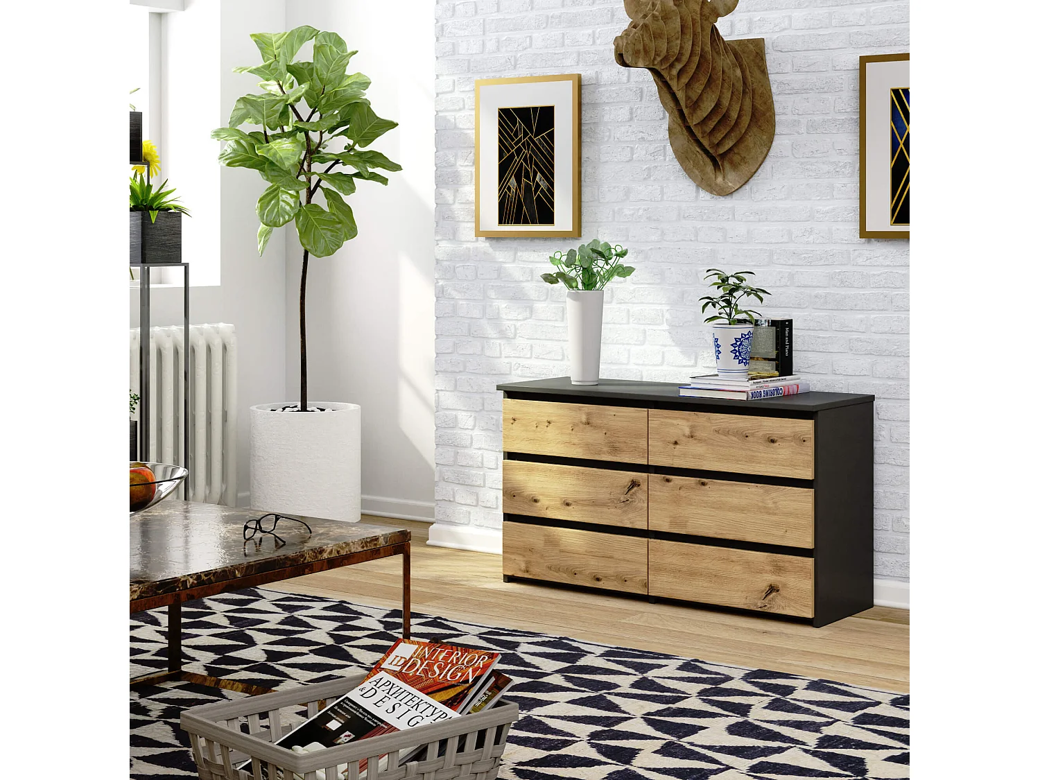 Kommode AKORD CL100 Graphitgrau 100 cm 6 Schubladen Front Eiche Artisan B100 x H57 x T35 cm