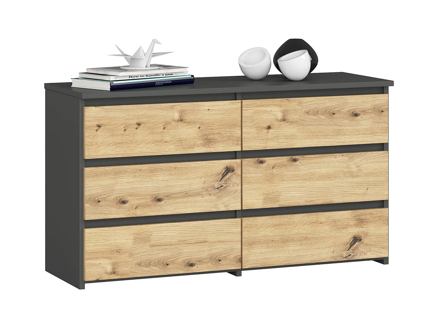 Petite Commode AKORD CL100 Gris Graphite 100 cm 6 tiroirs façade Chêne Artisan 100x35x57 cm