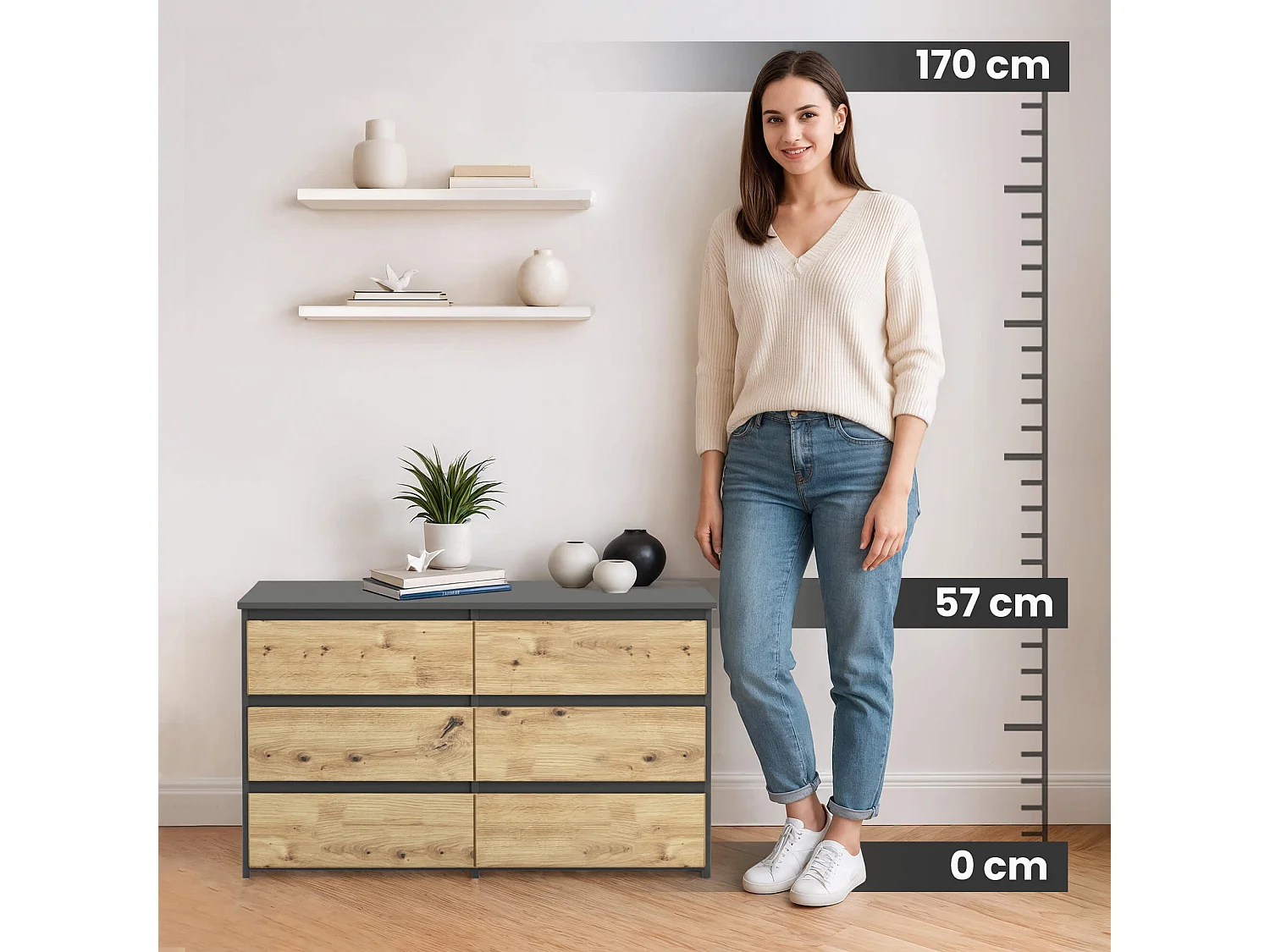 Komoda AKORD CL100 Grafit Szary 100 cm 6 szuflad kolor Dąb Artisan mat 100x35x57 cm