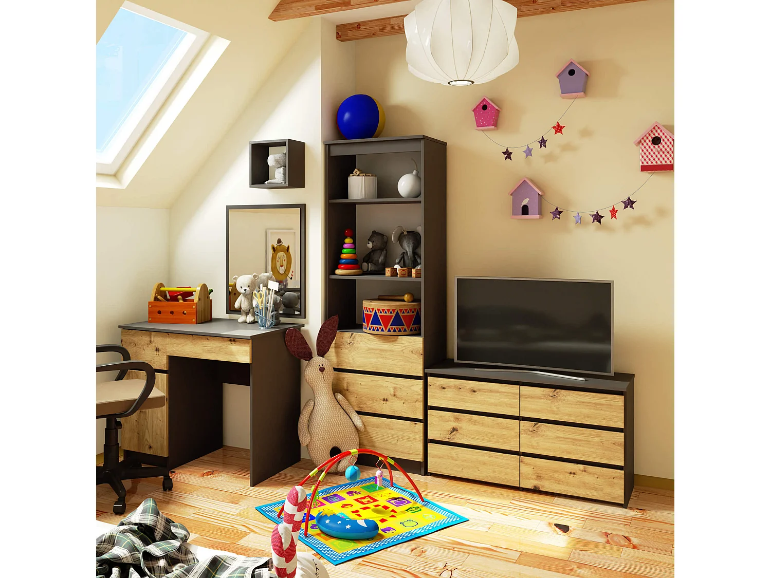 Komoda AKORD CL100 Grafit Szary 100 cm 6 szuflad kolor Dąb Artisan mat 100x35x57 cm