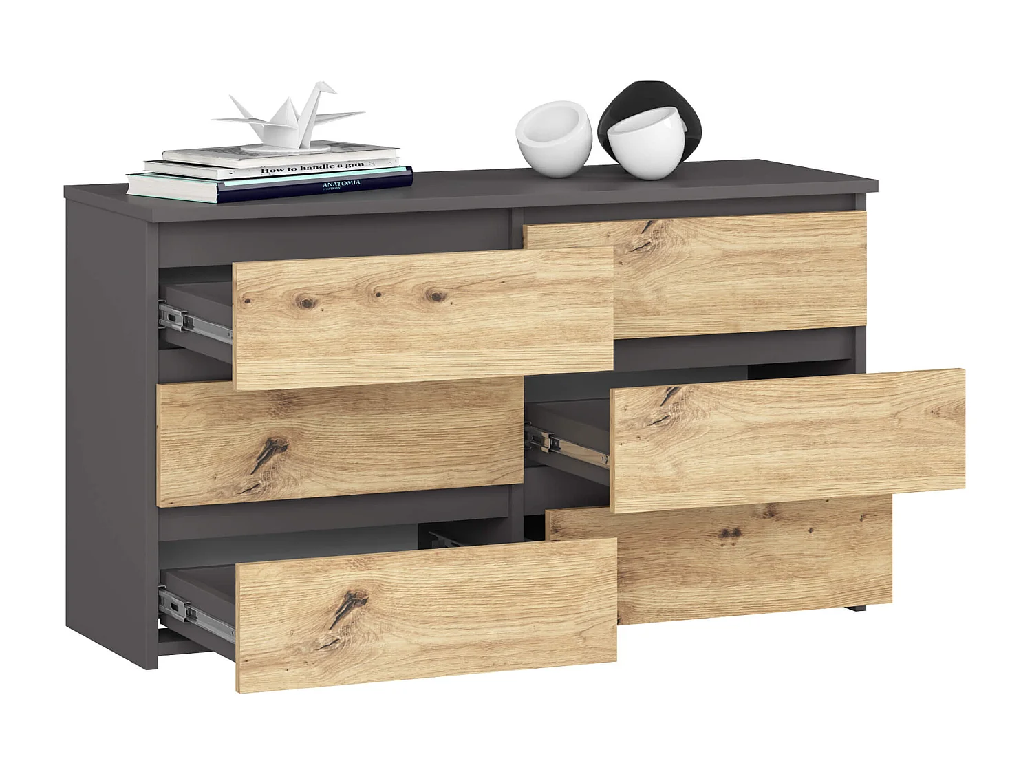 Petite Commode AKORD CL100 Gris Graphite 100 cm 6 tiroirs façade Chêne Artisan 100x35x57 cm