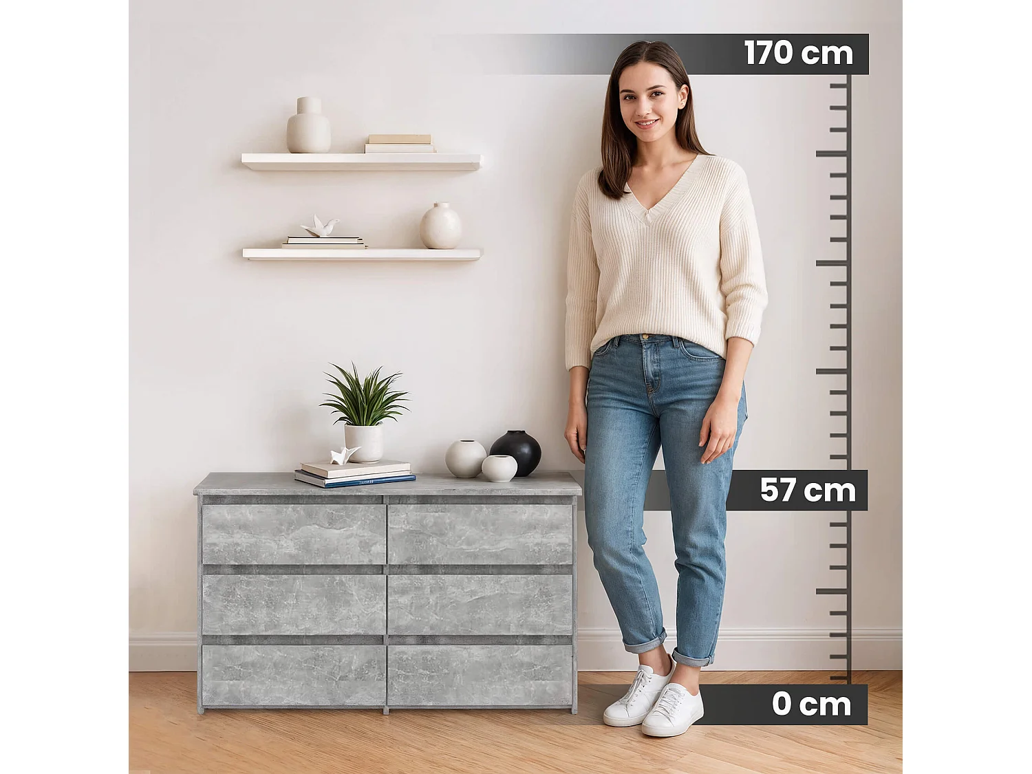 Petite Commode AKORD CL100 Béton 100 cm 6 tiroirs façade Béton 100x35x57 cm