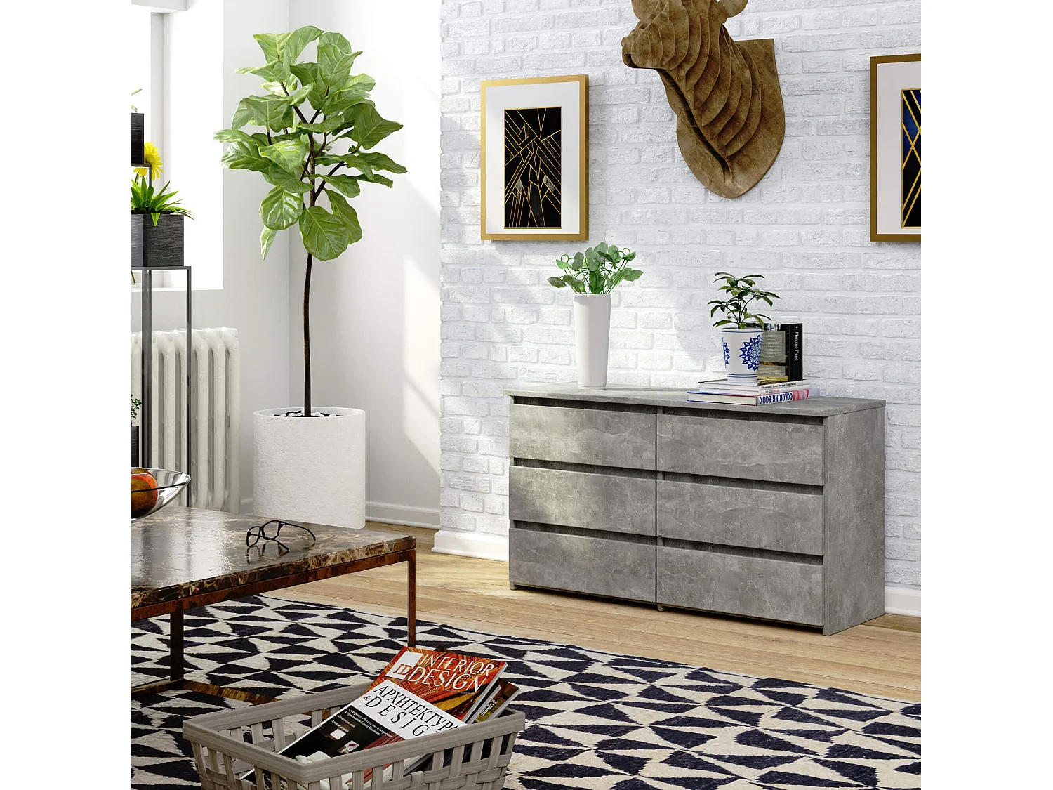 Petite Commode AKORD CL100 Béton 100 cm 6 tiroirs façade Béton 100x35x57 cm