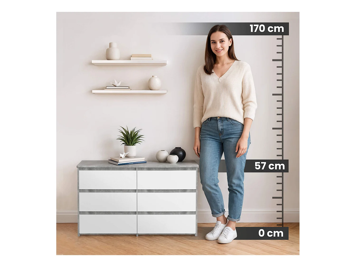 Komoda AKORD CL100 Szary Beton 100 cm 6 szuflad kolor Biały mat 100x35x57 cm