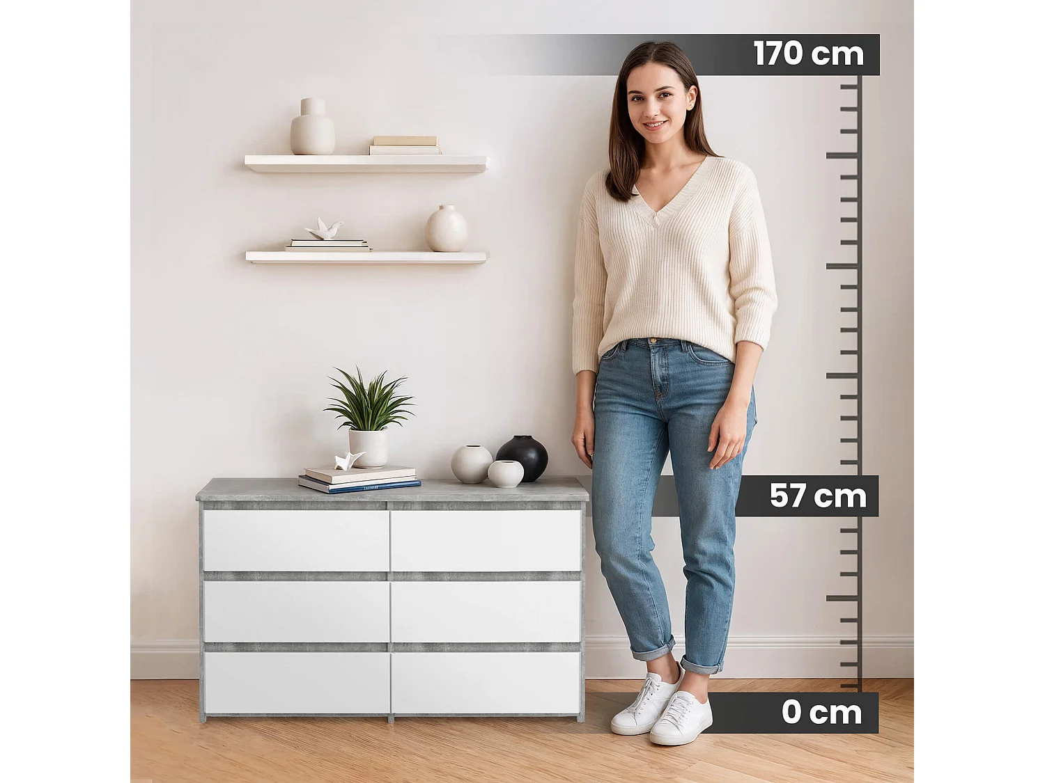 Petite Commode AKORD CL100 Béton 100 cm 6 tiroirs façade Blanche 100x35x57 cm