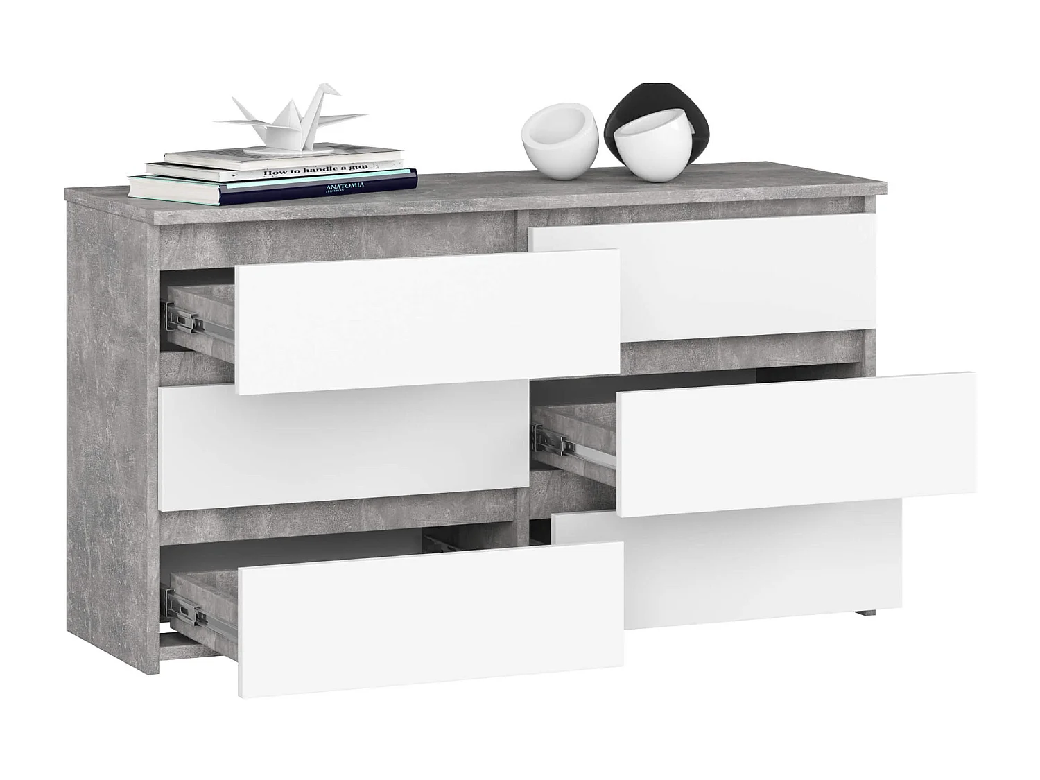 Petite Commode AKORD CL100 Béton 100 cm 6 tiroirs façade Blanche 100x35x57 cm