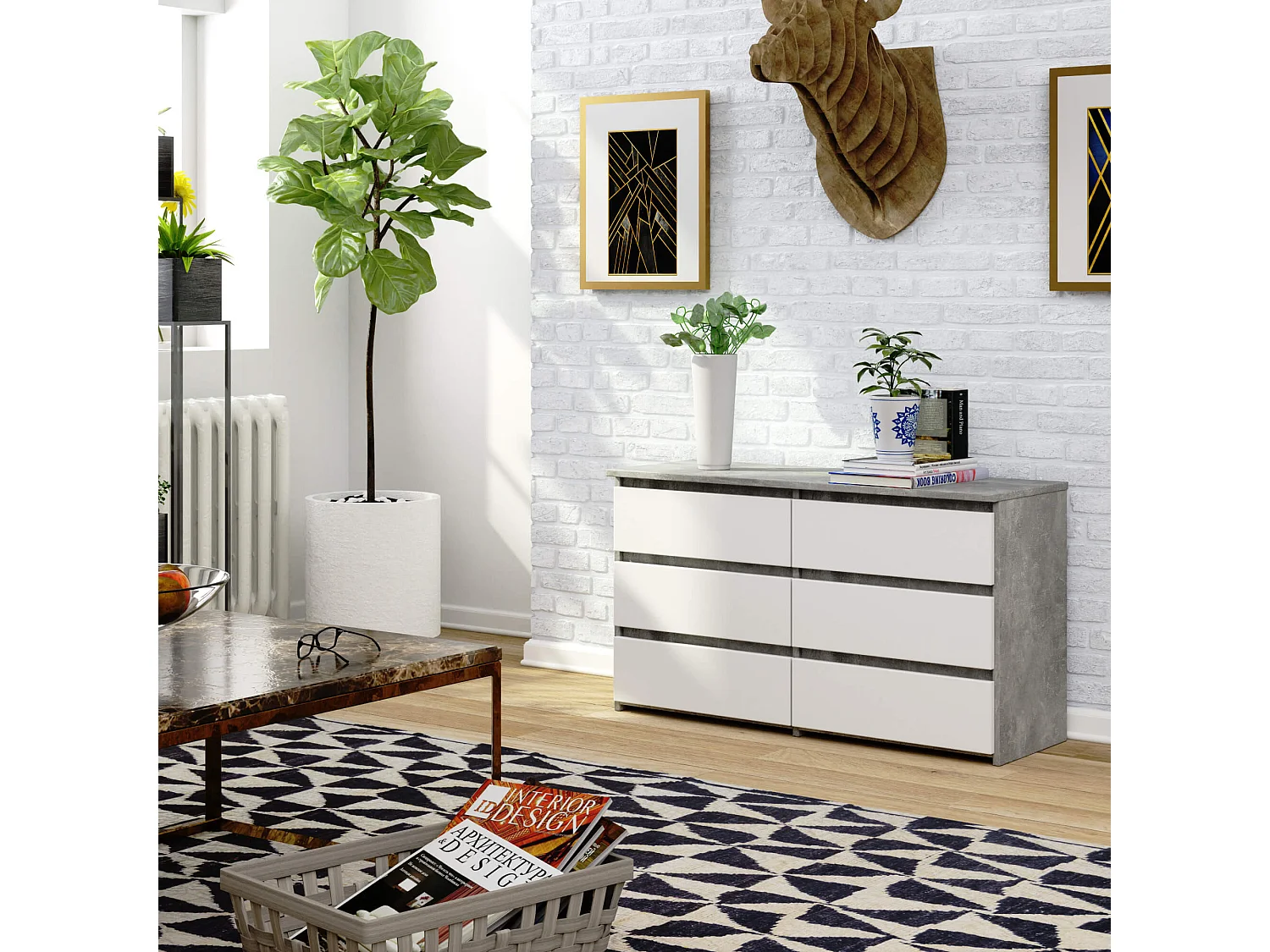 Petite Commode AKORD CL100 Béton 100 cm 6 tiroirs façade Blanche 100x35x57 cm