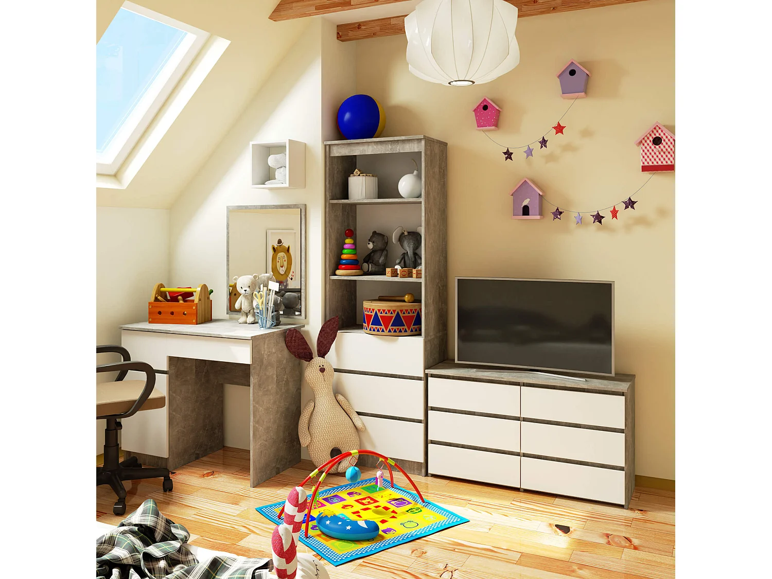 Petite Commode AKORD CL100 Béton 100 cm 6 tiroirs façade Blanche 100x35x57 cm