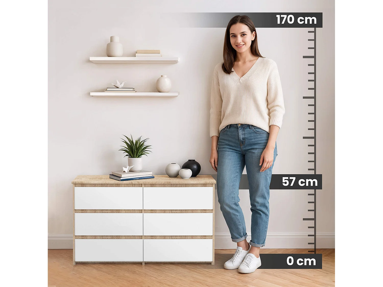 Petite Commode AKORD CL100 Chêne Sonoma 100 cm 6 tiroirs façade Blanche 100x35x57 cm