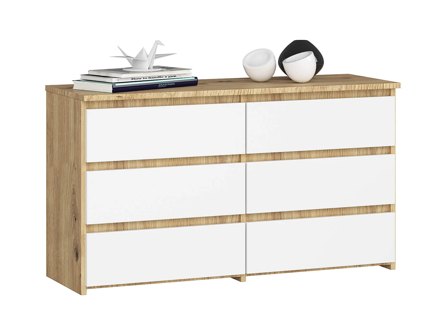 Petite Commode AKORD CL100 Chêne Artisan 100 cm 6 tiroirs façade Blanche 100x35x57 cm