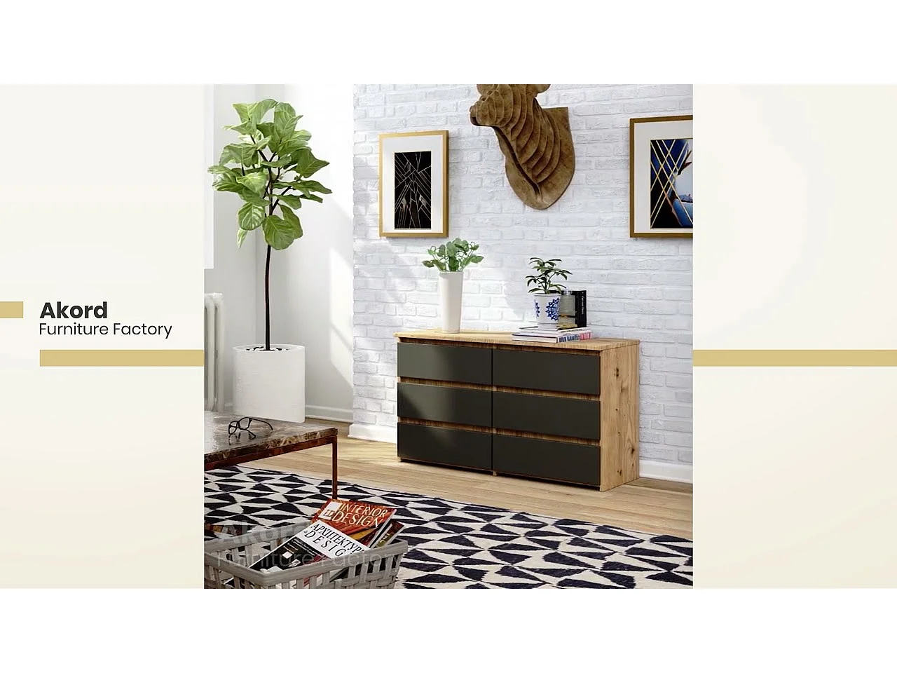 Petite Commode AKORD CL100 Chêne Artisan 100 cm 6 tiroirs façade Blanche 100x35x57 cm