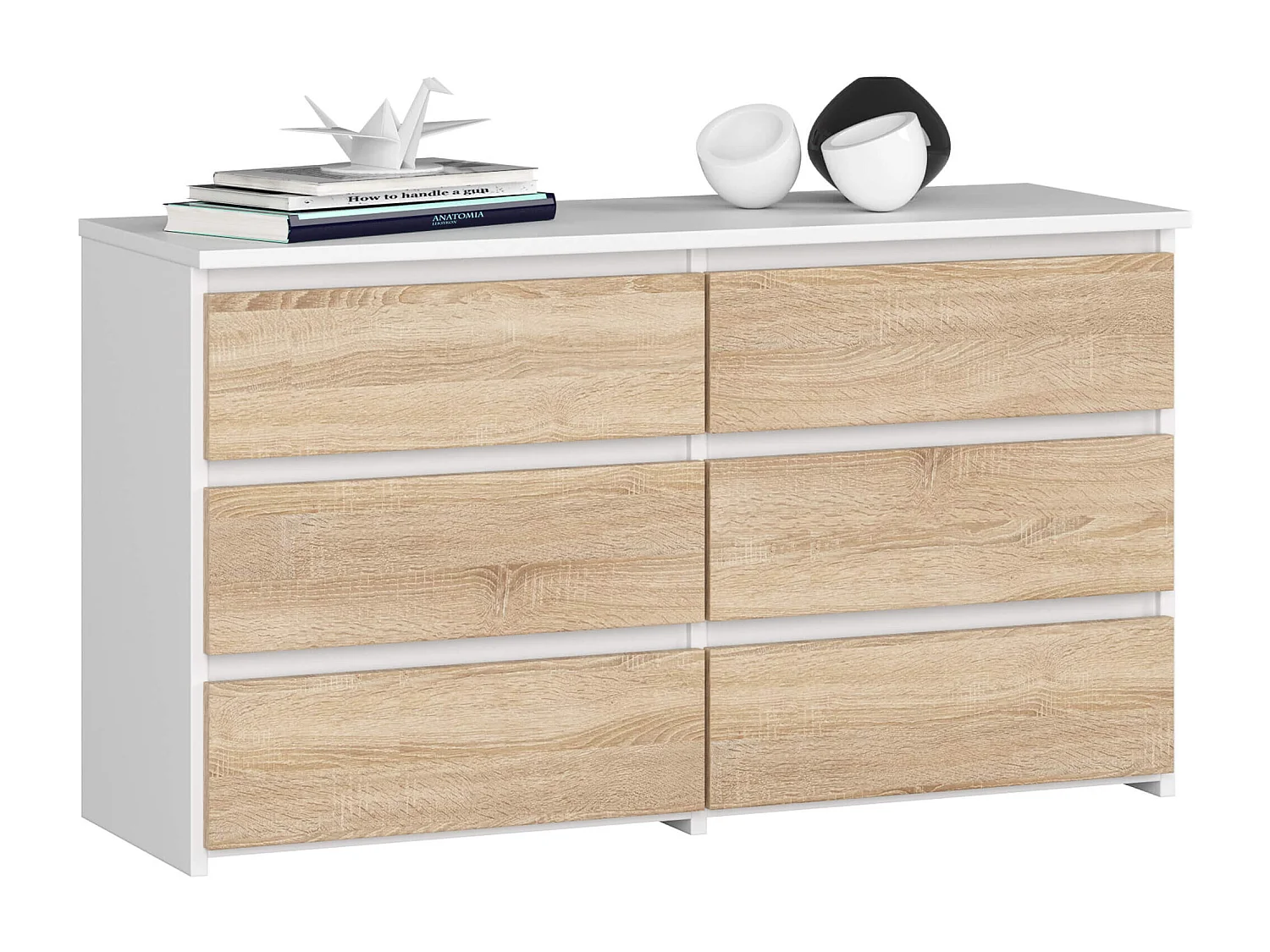 Kommode AKORD CL100 Weiß 100 cm 6 Schubladen Front Sonoma-Eiche B100 x H57 x T35 cm