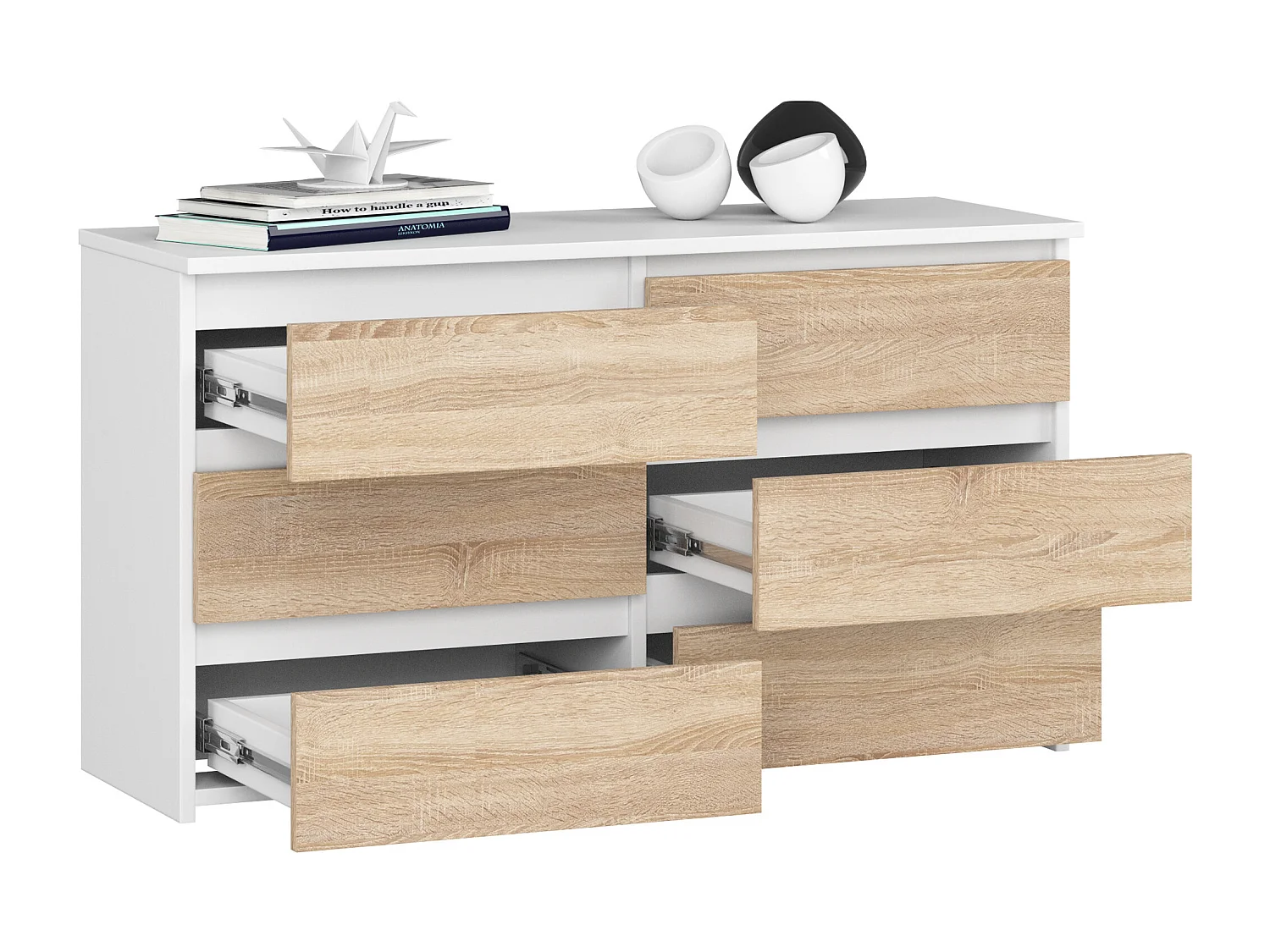 Kommode AKORD CL100 Weiß 100 cm 6 Schubladen Front Sonoma-Eiche B100 x H57 x T35 cm