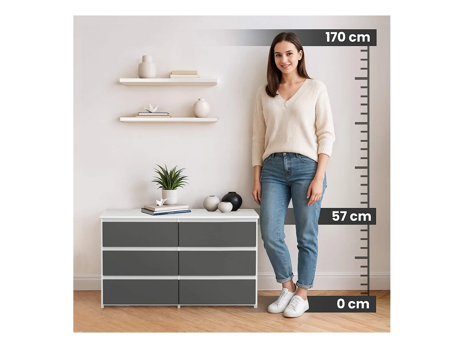 Kommode AKORD CL100 Weiß 100 cm 6 Schubladen Front Graphitgrau B100 x H57 x T35 cm