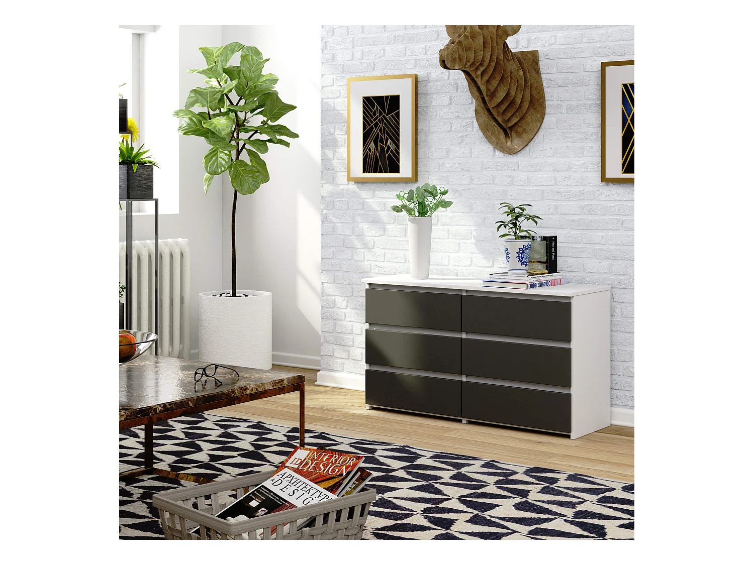 Kommode AKORD CL100 Weiß 100 cm 6 Schubladen Front Graphitgrau B100 x H57 x T35 cm