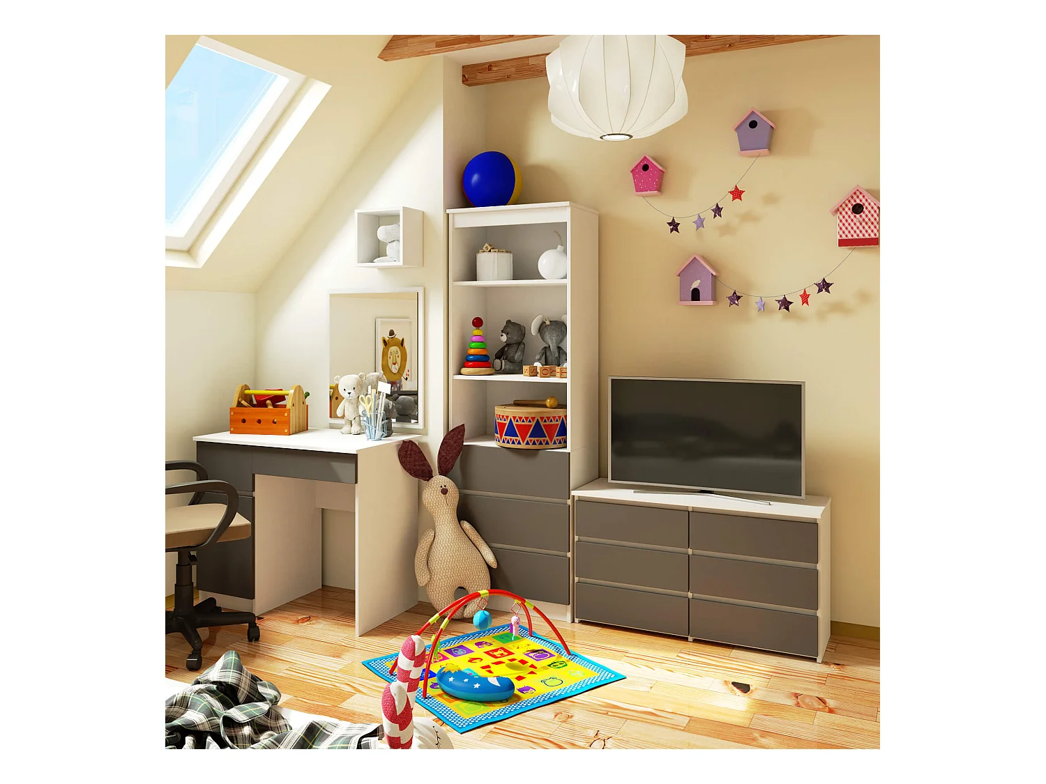 Kommode AKORD CL100 Weiß 100 cm 6 Schubladen Front Graphitgrau B100 x H57 x T35 cm