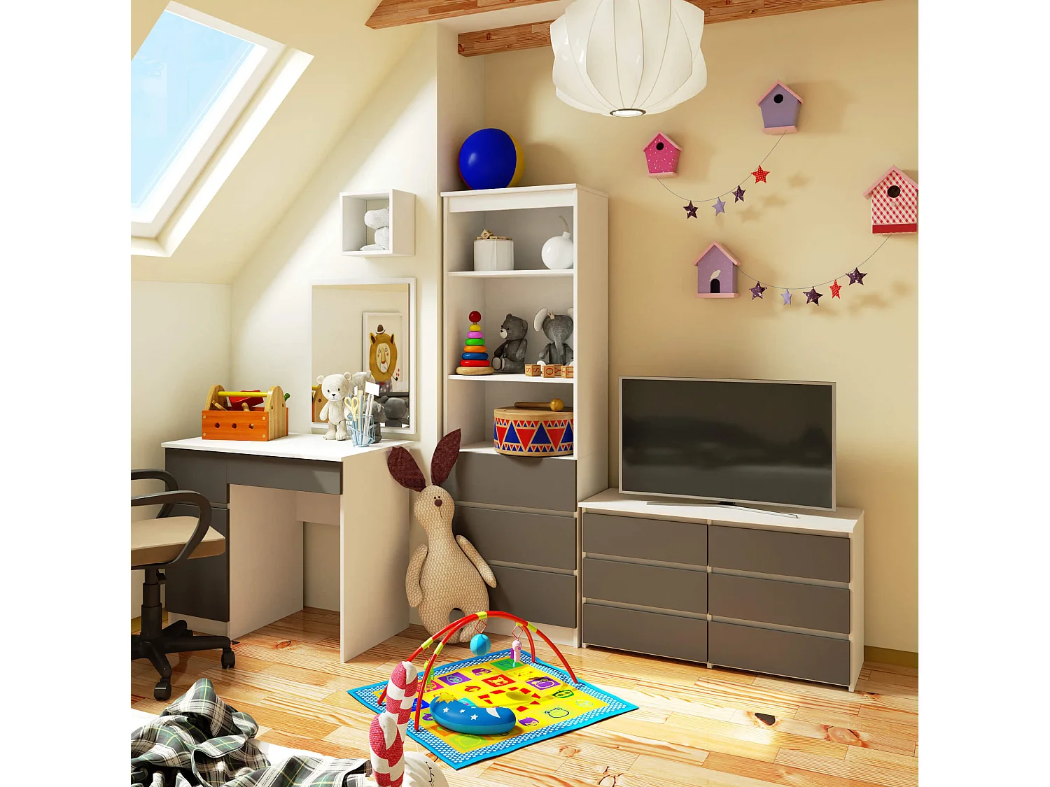 Kommode AKORD CL100 Weiß 100 cm 6 Schubladen Front Graphitgrau B100 x H57 x T35 cm