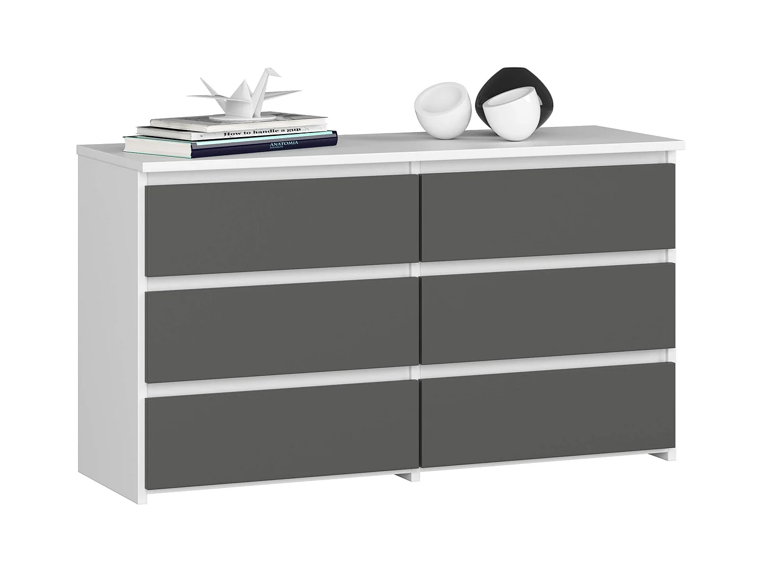 Petite Commode AKORD CL100 Blanche 100 cm 6 tiroirs façade Gris Graphite 100x35x57 cm