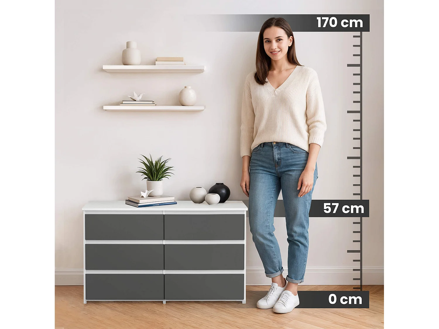 Petite Commode AKORD CL100 Blanche 100 cm 6 tiroirs façade Gris Graphite 100x35x57 cm