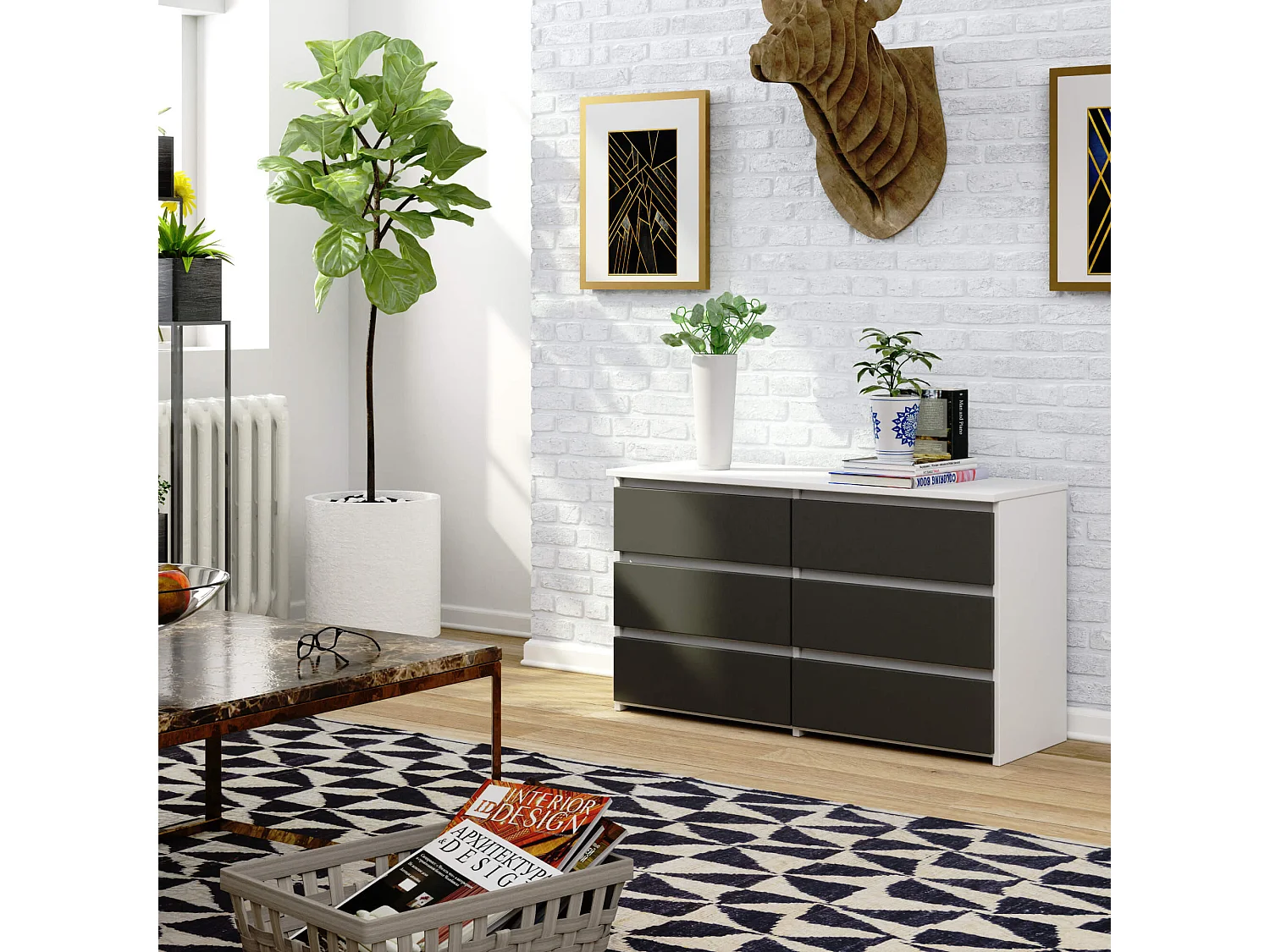 Petite Commode AKORD CL100 Blanche 100 cm 6 tiroirs façade Gris Graphite 100x35x57 cm