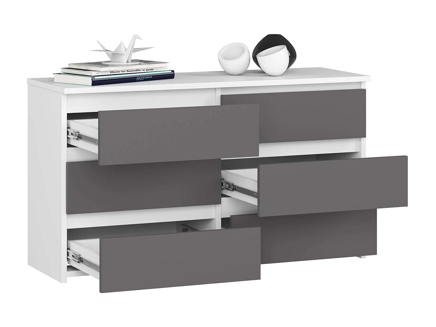 Kommode AKORD CL100 Weiß 100 cm 6 Schubladen Front Graphitgrau B100 x H57 x T35 cm