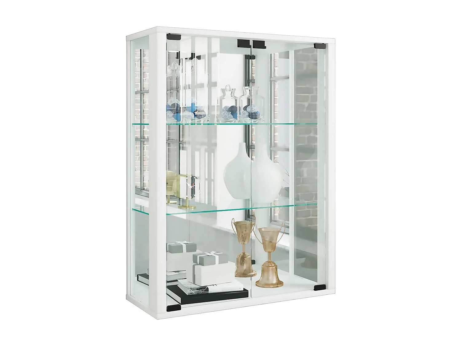 Udina vitrine accroché au mur avec miroir 2 portes en verre blanc.
